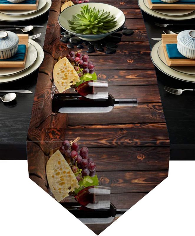 Photo 1 of  Cotton Linen Table Runners Cheese Wine Grape Tablecovers for Kitchen Garden Wedding Parties Dinner Indoor Outdoors Home Decorations Rustic Wood 14x72 inches