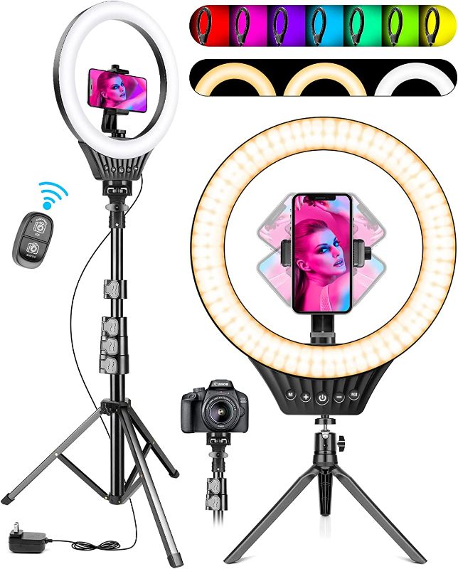 Photo 1 of 10" Ring Light with Tripod Stand and Phone Holder RGB Selfie Ring Light with 59" Stand & Desk Phone Tripod Stand,8 Dimming Levels,17 Color LED Ring Lights for Phone,Live Stream,Make Up,YouTube,TikTok
