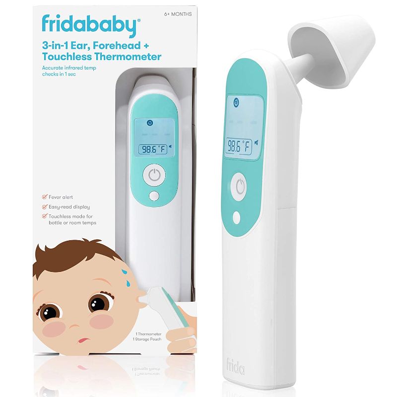 Photo 1 of Infrared Thermometer 3-in-1 Ear, Forehead + Touchless for Babies, Toddlers, Adults, and Bottle Temperatures by Frida Baby ( PACKAGE DAMAGE)
