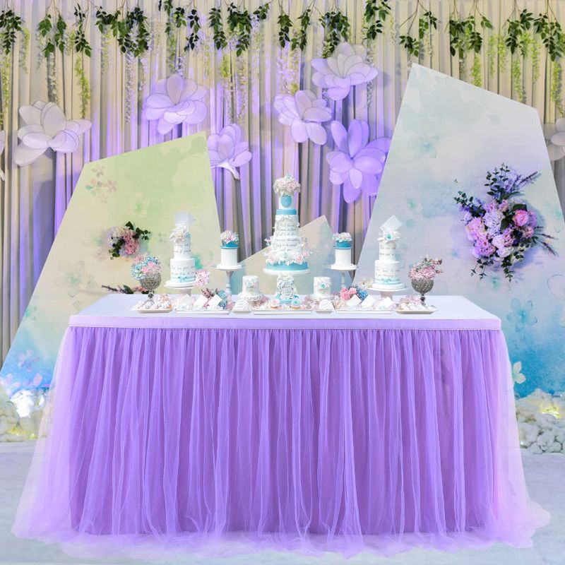 Photo 1 of 6ft Purple Table Skirt for Baby Shower Girl Lavender Tutu Table Skirts for Rectangle Tables or Round Tables Tulle Table Cloth 