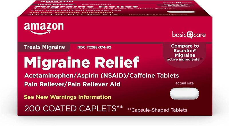 Photo 1 of Amazon Basic Care Migraine Relief, Acetaminophen, Aspirin (NSAID) and Caffeine Tablets, 200 Count EXPIRES 3/2023
