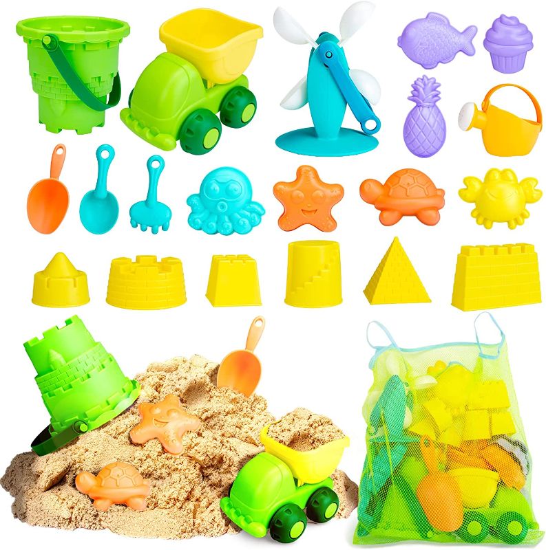 Photo 1 of Beach Sand Toys Set-21Pcs Eco-Friendly Sandbox Toy Kit Includes Green Bucket,Colorful Shovels, Rakes, Watering Can, Animal Molds, Sand Toys for Toddlers Kids Outdoor Play(1 Bonus Mesh Bag Included)
