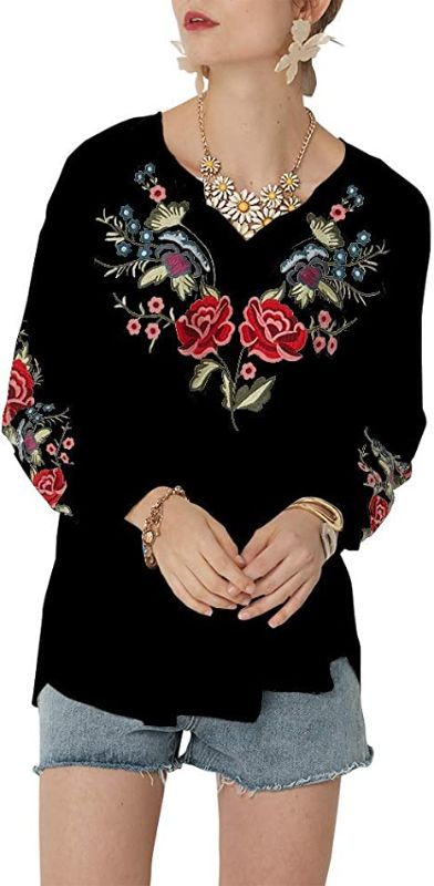 Photo 1 of AK Women's V Neck Boho Embroidered Mexican Tops Long Sleeve Shirts Casual Loose Tunics Blouse SIZE SMALL
