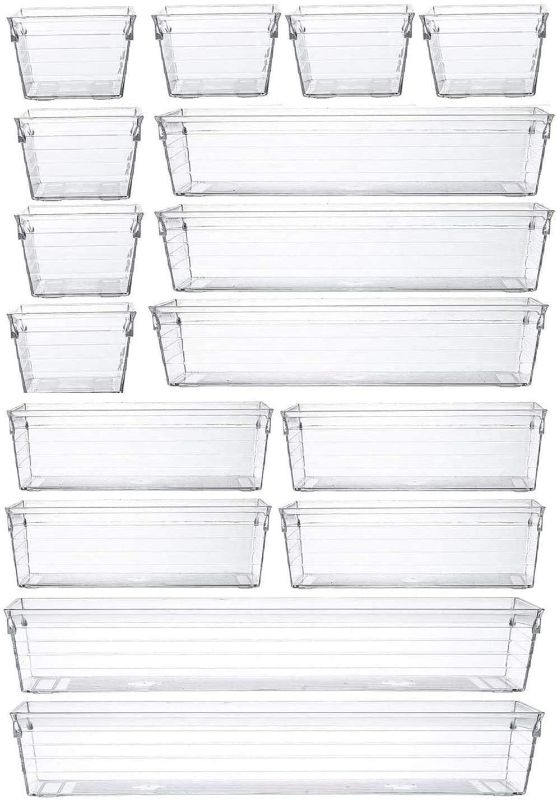 Photo 1 of 16Pcs Clear Drawer Organizer Plastic Desk Drawer Organizer Tray for Makeup, Kitchen Utensils, Jewelries, and Gadgets PACKAGE INCLUDES: (2) 12 L x 3 W x 2 H in, (3) 9 L x 3 W x 2 H in, (4) 6 L x 3 W x 2 H in and (7) 3 L X 3 W X 2 H in
