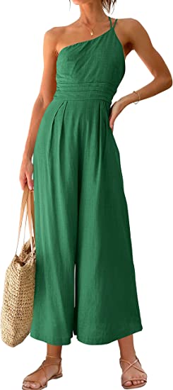 Photo 1 of ANRABESS Women's Summer Straps One Shoulder Pleated High Waist Casual Wide Leg Jumpsuit Romper with Pockets SIZE LARGE