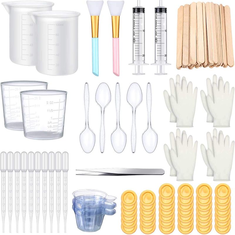 Photo 1 of 138 Pieces Mixing Cups Epoxy Resin Cups, 60 ml/100 ml Measuring Cups, Disposable Cups and Mixing Sticks, Dropping Pipette, Tweezers, Syringe, Gloves Set for Epoxy Resin
