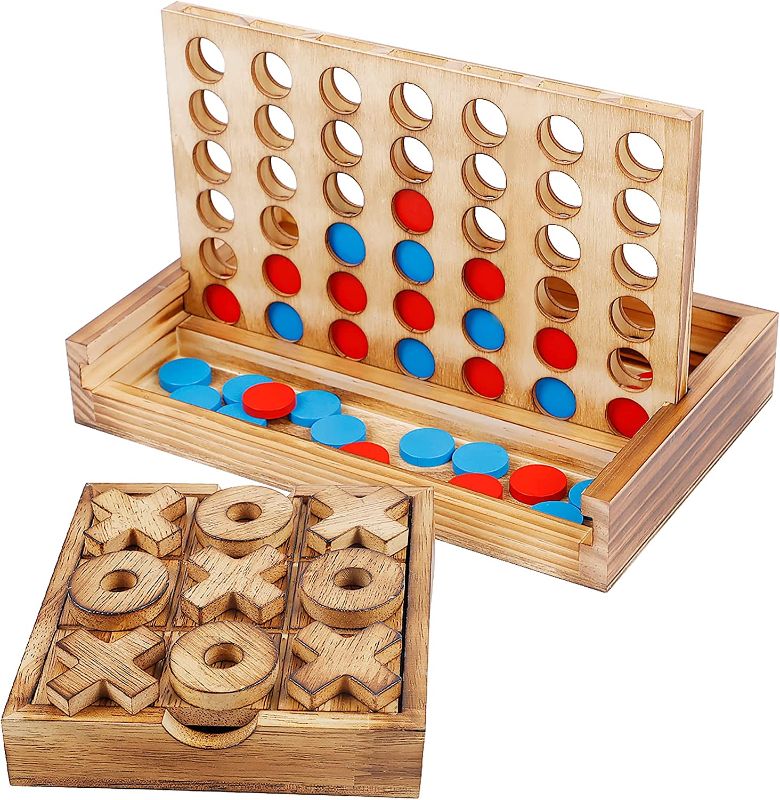 Photo 1 of Glintoper Tic Tac Toe & 4 in a Row Tables Game Set, Classic Board Line Up 4 Game for Living Room Rustic Table Decor and Use as Game Top Wood Guest Room Decor Strategy Board Games for Families
