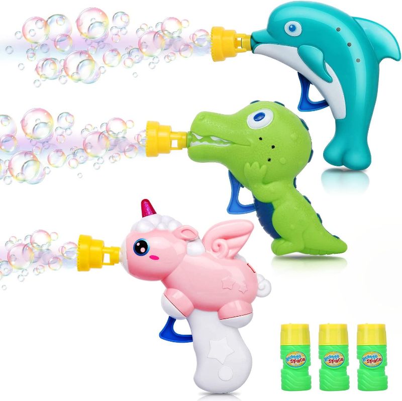Photo 1 of Bubble Guns for Kids with Refill Solution (10oz Total), Bubble Blower Whale Unicorn Dinosaur Blaster for Summer Party Favors Beach Pool Toys for Boys Girls