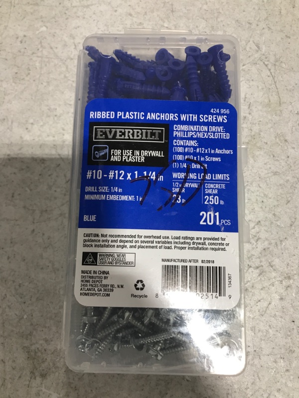 Photo 3 of #10-12 x 1-1/4 in. Blue Ribbed Plastic Anchor Kit with Screws (201-Pieces)
OPEN BOX.