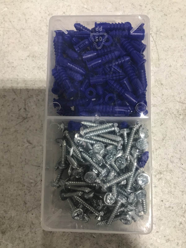 Photo 1 of #10-12 x 1-1/4 in. Blue Ribbed Plastic Anchor Kit with Screws (201-Pieces)
OPEN BOX.