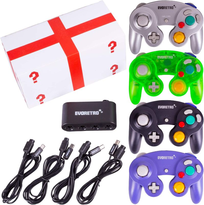 Photo 1 of 4 Pack Gamecube Controller Bundle - with 4 Extension Cords and a 4-Port Adapter for/Switch/PC by EVORETRO
