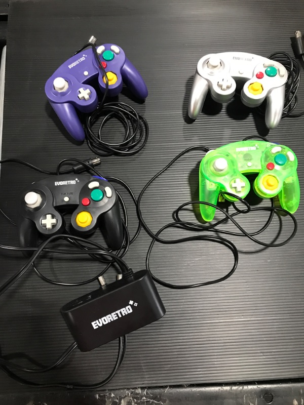 Photo 2 of 4 Pack Gamecube Controller Bundle - with 4 Extension Cords and a 4-Port Adapter for/Switch/PC by EVORETRO
