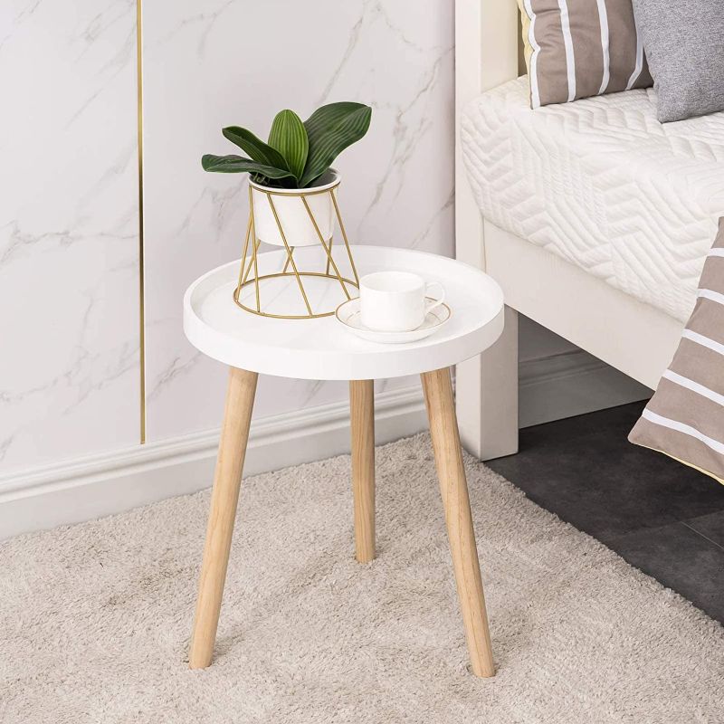 Photo 1 of APICIZON Round Side Table, White Tray Nightstand Coffee End Table for Living Room, Bedroom, Small Spaces, Easy Assembly Bedside Table, 15 x 18 Inches
