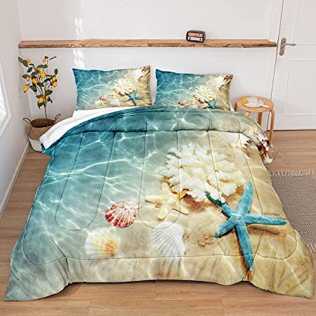 Photo 1 of Bedbay Ocean Bedding Comforter Set Full Size Beach Comforter Starfish Beach Coastal Bedding Nautical 3 Pieces Teal Comforter Set with 2 Pillowcases (Ocean, Full)
