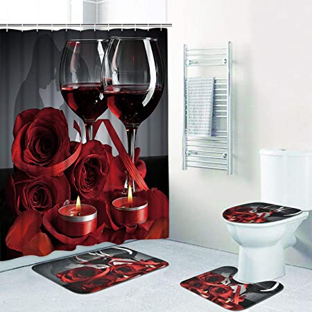 Photo 1 of Alishomtll Valentines Shower Curtain Romantic Red Rose Flowers and Wine Shower Curtain Sets with Non-Slip Rug, Toilet Lid Cover, Bath Mat and 12 Hooks, Durable Waterproof Shower Curtain Sets
