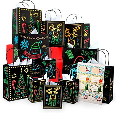 Photo 1 of 28 Pieces Christmas Holiday Glow in The Dark Gift Bags 4 Designs Party Favor Bags Treat Bags Luminous Christmas Wrap Bags with 2 Pieces Tissue Papers for Xmas Birthday Party Supplies
