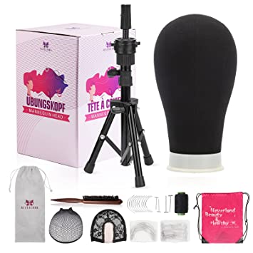 Photo 1 of 23 Inch Canvas Wig Head,Wig Stand Tripod with Head,Mannequin Head for Wigs Making Display with Wig caps,T Pins Set,Bristle Brush(Black)