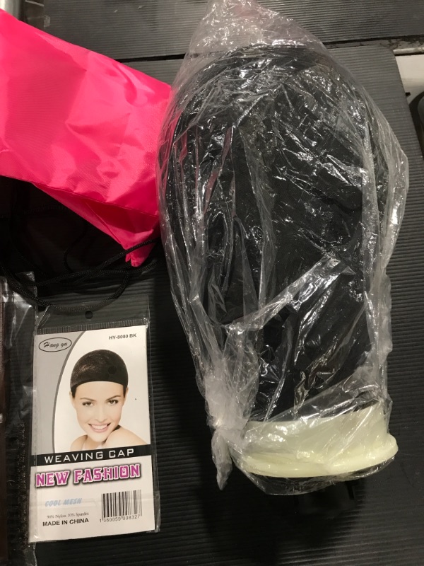 Photo 2 of 23 Inch Canvas Wig Head,Wig Stand Tripod with Head,Mannequin Head for Wigs Making Display with Wig caps,T Pins Set,Bristle Brush(Black)