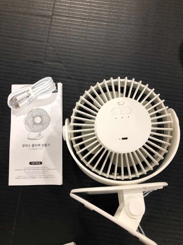 Photo 1 of mooas Clipper Fan, 7-inch Clip-on fan, Rechargeable mini clip fan, 3-level wind speed stroller clip fan, Battery operated, 360° rotation, Timer mode, Desk fan, Portable rechargeable fan (White)
