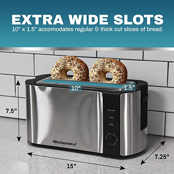 Photo 1 of Elite Gourmet ECT-3100 Long Slot Toaster, Reheat, 6 Toast Settings, Defrost, Cancel Functions, Slide Out Crumb Tray, Extra Wide Slots for Bagels Waffles, 4 Slice, Stainless Steel & Black
