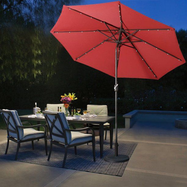 Photo 1 of 9 ft LED Lighted Patio Outdoor Umbrella Solar Power Market Table Fade-Resistant Umbrella with Push Button Tilt & Crank and 8 Sturdy Ribs,Red
