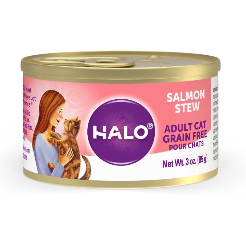 Photo 1 of 12-Pack Halo Holistic Grain Free Wet Cat Food for Adult Cats, Salmon Stew 3 Oz Can Exp-01/03/2025