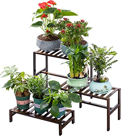 Photo 1 of Bamboo 3-Tier Ladder Plant Stand, Planter Holder Flower Pot Display Shelf, Freestanding Plants Rack for Home Garden Patio Balcony Indoor Outdoor

