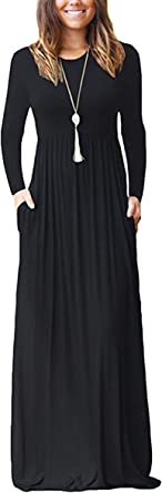 Photo 1 of AUSELILY Women Long Sleeve Loose Plain Maxi Dresses Casual Long Dresses with Pockets Lg