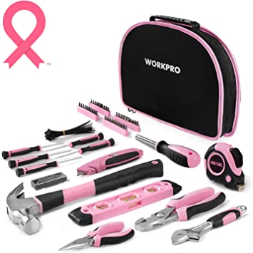 Photo 1 of WORKPRO 103-Piece Pink Tool Kit - Ladies Hand Tool Set with Easy Carrying Round Pouch - Durable, Long Lasting Chrome Finish Tools - Perfect for DIY, Home Maintenance - Pink Ribbon
