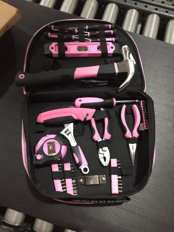 Photo 2 of WORKPRO 103-Piece Pink Tool Kit - Ladies Hand Tool Set with Easy Carrying Round Pouch - Durable, Long Lasting Chrome Finish Tools - Perfect for DIY, Home Maintenance - Pink Ribbon
