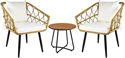 Photo 1 of Amazon Basics Outdoor All-Weather Woven Faux Rattan Chair Set with Cushions and Side Table, Tan - 3-Piece Set
