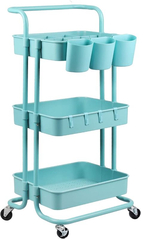 Photo 1 of alvorog 3-Tier Rolling Utility Cart Storage Shelves Multifunction Storage Trolley Service Cart with Mesh Basket Handles and Wheels Easy Assembly for Bathroom, Kitchen, Office (Blue)
