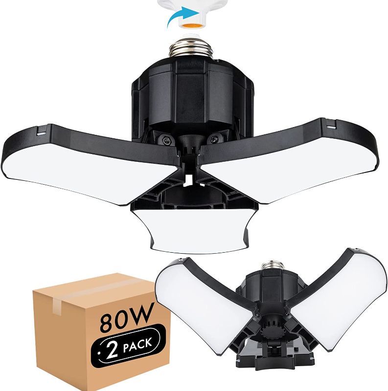 Photo 1 of 2-Pack LED Garage Lights, 80W LED Shop Light 5000K 8000LM Three-Leaf Garage Ceiling Light Fixtures,Adjustable Multi-Position Panels?E26 Base,LED Glow Light for Garage, Workshop Attic and Basement
