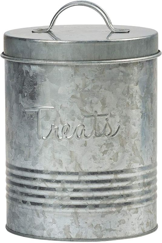 Photo 1 of Amici Pet, , Retro Treats Galvanized Relief Lettering Metal Storage Canister, Food Safe, Push Top, 72 Ounces

