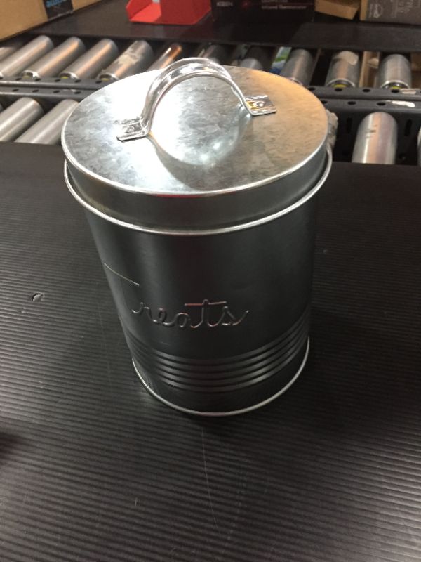 Photo 2 of Amici Pet, , Retro Treats Galvanized Relief Lettering Metal Storage Canister, Food Safe, Push Top, 72 Ounces
