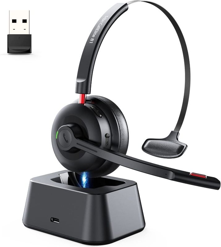 Photo 1 of Wireless Headset with Microphone, Tribit Bluetooth 5.0 Cell Phone Headphone Qualcomm QCC3020, AI Noise Canceling & CVC 8.0 for Home Office, Mute Button 50H Talk time, USB-A Dongle for PC, CallElite81
