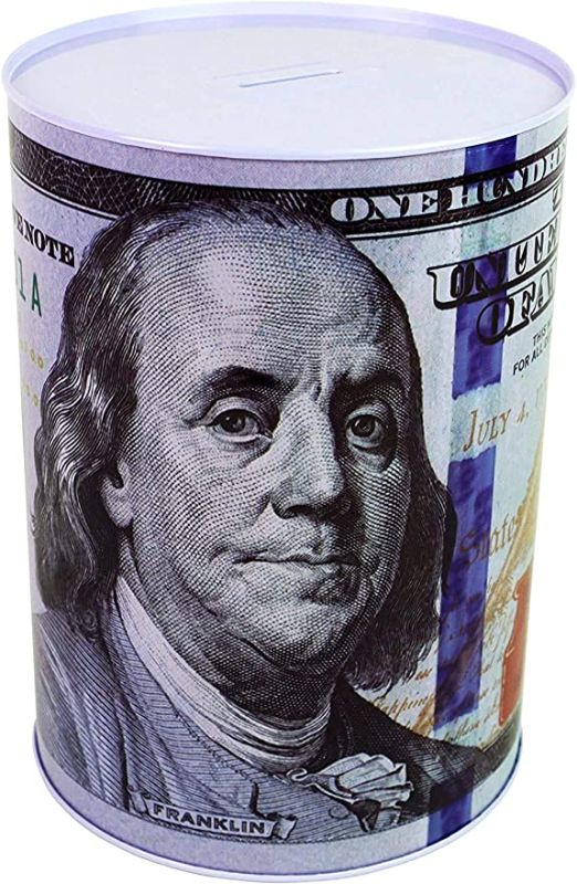 Photo 1 of $100 Dollar Bill Piggy Bank 8.5" Tall Coin Saving Money Currency Benjamin Franklin C Note Tin Can Banknote Jar