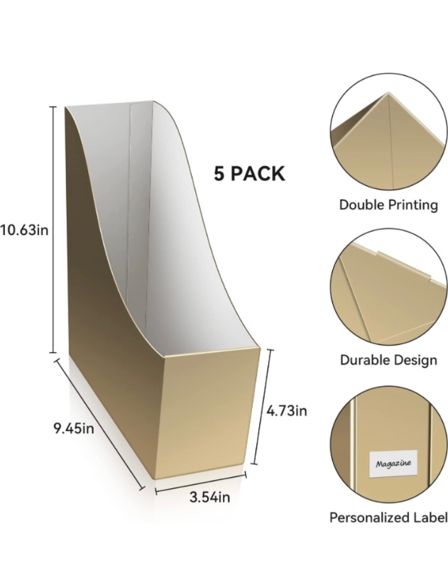 Photo 1 of Gold Magazine File Holder Magazine Rack with Label Foldable Desktop File Binder Organizer - Set of 5 Cardboard Magazine Holder Boxes - Gold Desk Accessories