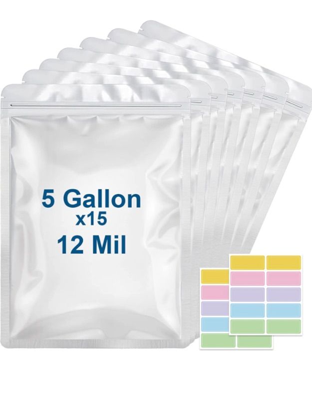 Photo 1 of 15 Packs 12 Mil Mylar Bags for Food Storage, 6 Mil Each Side 5 Gallon 16.7"x26", Resealable Bag Heat Sealable for Long Term Food Storage