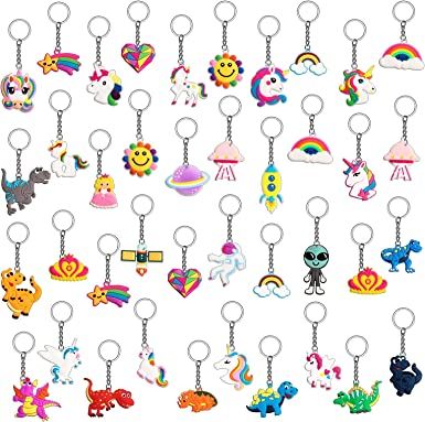 Photo 1 of 40 Pcs Cute Keychain Key Tags Silicone Cartoon Key Rings Unicorn Dinosaur Animal Astronaut Rainbow Party Favor Gift Kids Boy Girl Goodie Bags Fillers for Birthday Christmas Halloween Party Supplies
