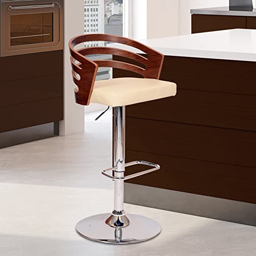 Photo 1 of Armen Living Adele Adjustable Height Swivel Cream Faux Leather and Walnut Wood Bar Stool with Chrome Base
