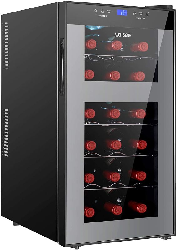 Photo 1 of Dual Zone Wine Cooler Refrigerator Chiller Fridge Upper Zone 44f-54f Lower Zone 54f-65f for Red White Wine Champagne Sparkling in Home Office Kitchen Bedroom Countertop by Maisee (18 Bottle?
