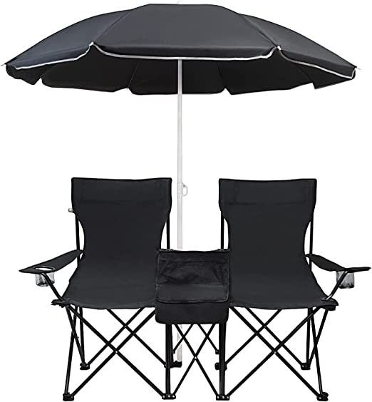 Photo 1 of 2 Person Folding Camping Chair with Parasol Oversized Collapsible Beach Chair Heavy Duty Support 350 LBS Portable Lawn Chair for Outdoor Camp,Picnic,Travel,Fishing
