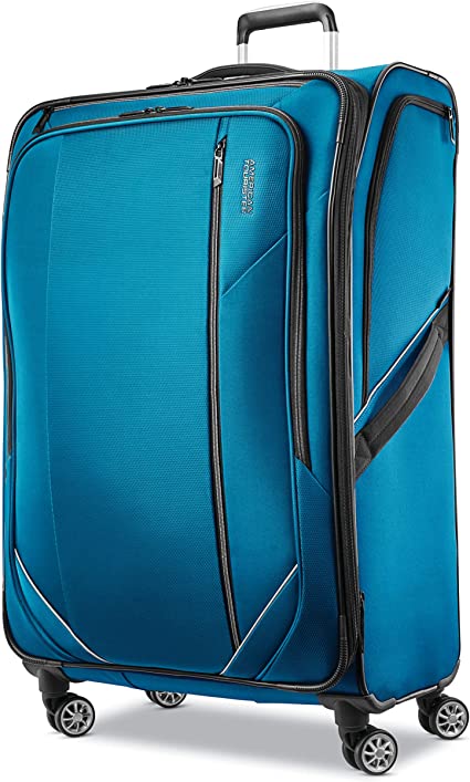 Photo 1 of American Tourister Zoom Turbo Softside Expandable Spinner Wheel Luggage, Teal Blue, Checked-Large 28-Inch
