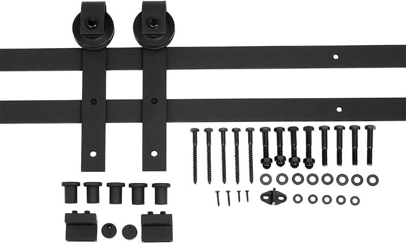 Photo 1 of Amazon Basics Sliding Barn Door Hardware Kit, 6.6 Foot, J Shape, Black