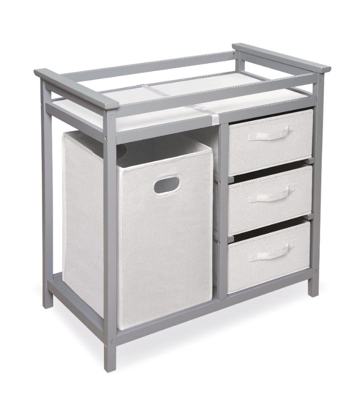 Photo 1 of Badger Basket Modern Baby Changing Table with Hamper and 3 Baskets, Gray, Includes Pad
