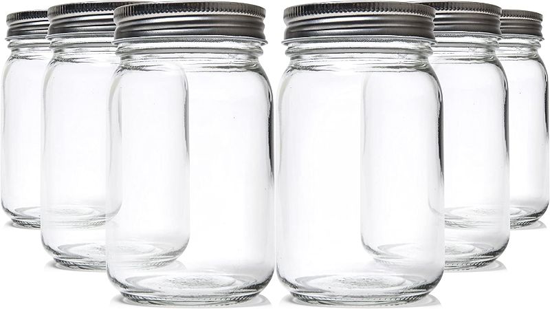 Photo 1 of 6 Glass Mason Jars with Lids: Jar Set for Food Storage, Pickling and Canning - Six Pack 16 Oz Jars
