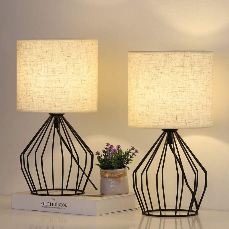 Photo 1 of Boho Lamp Black Modern Farmhouse Table Lamp with Hollowed Out Metal Base and Linen Fabric Shade Small Nightstand Bedside Lamps for Living Room Bedroom Kids Room 2 Pack
