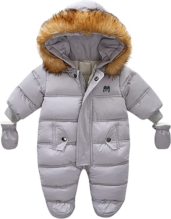 Photo 1 of Huaai Baby Girls Boys Warm Snowsuit Jumpsuit Down Coat Romper Padded Onesie Snowsuit with Hood Gloves Zipper (A-Gray, 9-12 Months)
