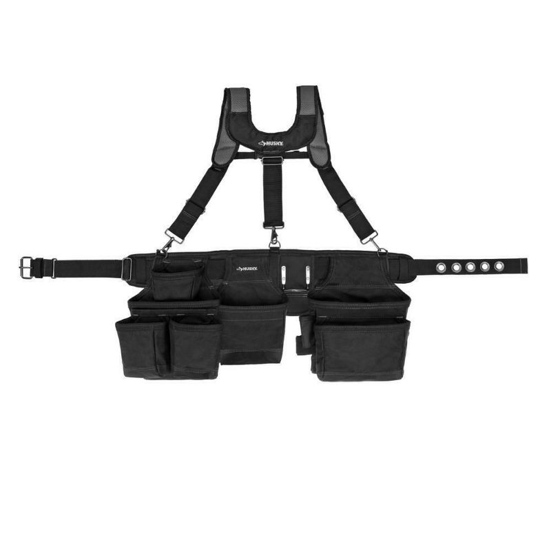 Photo 1 of Husky Work Tool Belt Framer's Suspension Rig Suspenders 3-Bag 17 Pocket Black
